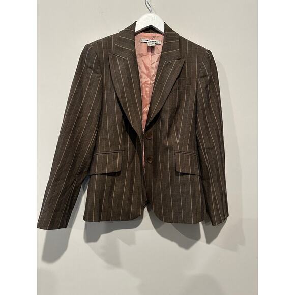 Size 8 Blazer Pleated Skirt Suit Set Brown Striped Career Office Siren Boardroom - Picture 5 of 14